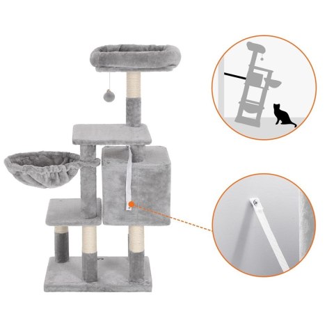 Jasnoszary drapak dla kota 110 cm Stabilny drapak wykonany z płyty MDF z podwyższoną platformą, koszem, przytulną jaskinią, pomp