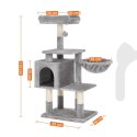 Jasnoszary drapak dla kota 110 cm Stabilny drapak wykonany z płyty MDF z podwyższoną platformą, koszem, przytulną jaskinią, pomp