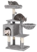 Jasnoszary drapak dla kota 110 cm Stabilny drapak wykonany z płyty MDF z podwyższoną platformą, koszem, przytulną jaskinią, pomp