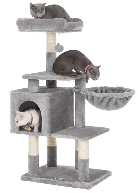 Jasnoszary drapak dla kota 110 cm Stabilny drapak wykonany z płyty MDF z podwyższoną platformą, koszem, przytulną jaskinią, pomp
