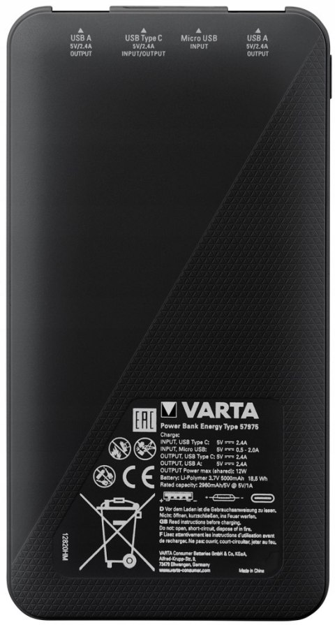 POWERBANK ENERGY 5000mAh 1xUSB C, 1xUSBA VARTA