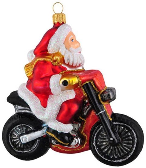 Bombka choinkowa Mikołaj na Crossie Szklana ozdoba choinkowa wykonana ze szkła, ręcznie malowana, wyprodukowana w Polsce