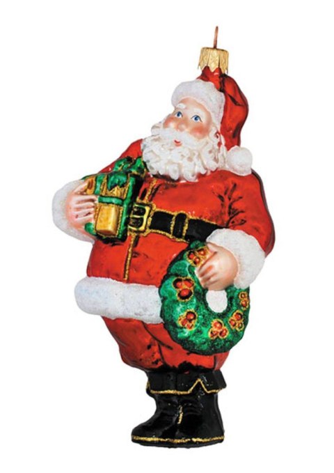 Bombka choinkowa Mikołaj z Prezentem Wykonana ze szkła, ręcznie wykonanan, zapakowana w solidne opakowanie