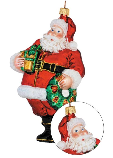 Bombka choinkowa Mikołaj z Prezentem Wykonana ze szkła, ręcznie wykonanan, zapakowana w solidne opakowanie