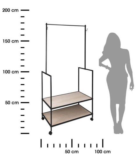 Mobilna garderoba z półkami i wieszakami Wykonany z metalu, na kółkach, z uchwytem na ubrania, wieszakami i dwiema półkami w sty