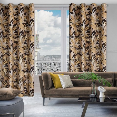 Zasłona ADEL 140x250 cm czarno złota Zasłona z miękkiego welwetu z motywem liści podkreślonych złotymi akcentami