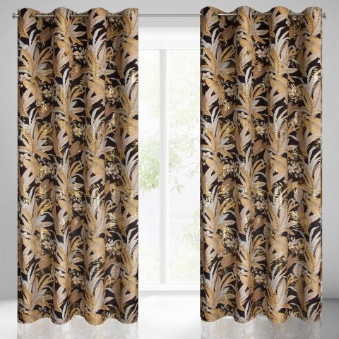 Zasłona ADEL 140x250 cm czarno złota Zasłona z miękkiego welwetu z motywem liści podkreślonych złotymi akcentami