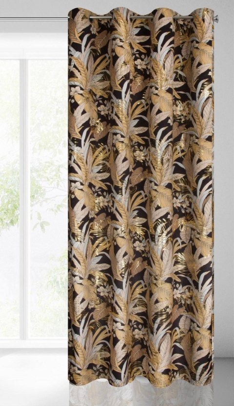 Zasłona ADEL 140x250 cm czarno złota Zasłona z miękkiego welwetu z motywem liści podkreślonych złotymi akcentami