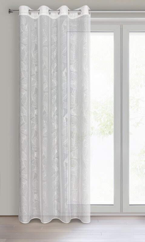 Zasłona LEILA 140x260 biała liście Zasłona gotowa ze srebrnym nadrukiem liści z przelotkami