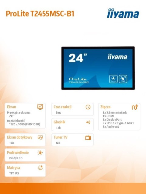 Monitor dotykowy 24 cale T2455MSC-B1 POJ.10PKT.IPS,HDMI,DP,USB3.0,CAM,MIC