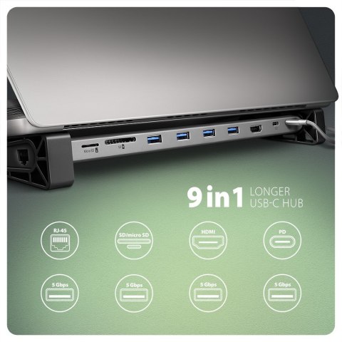 HMC-10HLS Wieloportowy hub USB 9in1, 5Gbps, 4x USB-A, HDMI 4K/60Hz, GLAN, SD/microSD, PD 100W, 25cm USB-C kabel