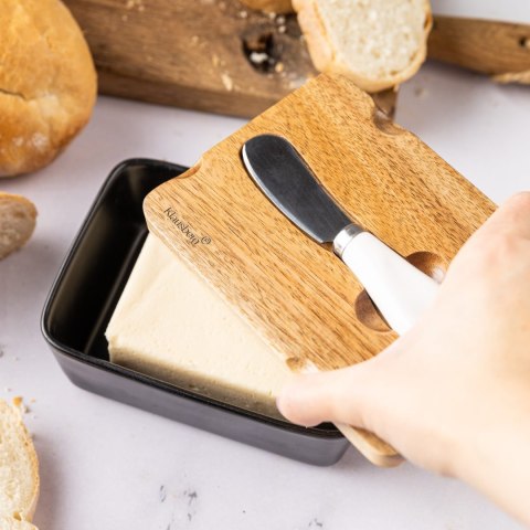 PORCELANOWA MASELNICZKA Z NOŻYKIEM POKRYWKA AKACJA KLAUSBERG KB-7784 CZARNA