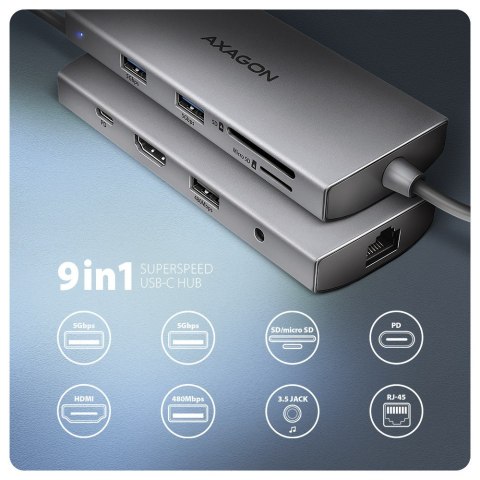 HMC-8HLSA Wieloportowy hub USB 9in1, 5Gbps, 3x USB-A + HDMI 4K/30Hz, SD/microSD, GLAN, Audio, PD 100W, 20cm USB-C kabel