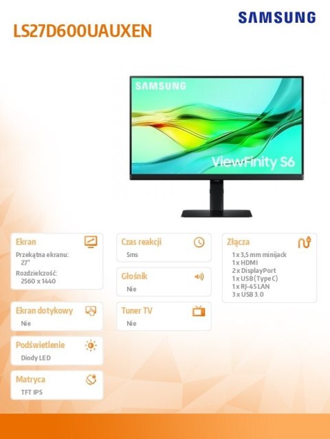 Monitor 27 cale ViewFinity S60UD IPS 2560x1440 WQHD 16:9 1xHDMI 2xDP 1xUSB-C 90W 3xUSB-A 5ms PinP/PbyP 100Hz HAS+PIV płaski 3YOn