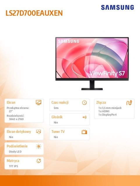 Monitor 27 cali ViewFinity S70D IPS 3840x2160 UHD 16:9 1xHDMI 1xDP 5ms PinP/PbyP 60Hz płaski 2Yd2d (LS27D700EAUXEN)