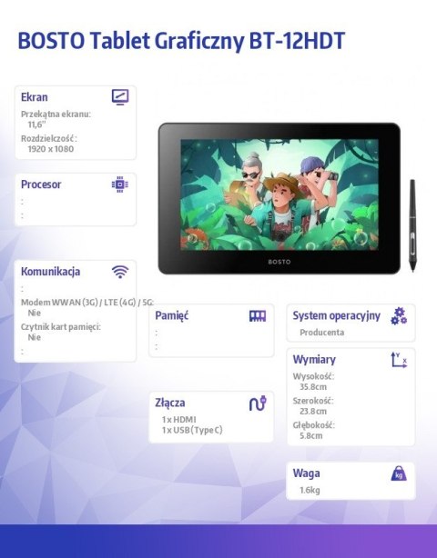 Tablet graficzny 12-HDT 1920x1080 11,6 dotykowy