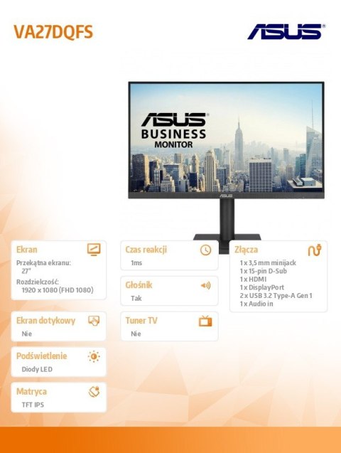 Monitor 27 cali VA27DQFS IPS HDMI DP 100Hz