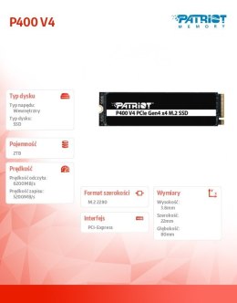 Dysk SSD 2TB P400 V4 6200/5200 MB/s M.2 PCIe Gen4 x4 NVMe 2.0