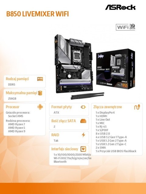 Płyta główna B850 LIVEMIXER WIFI AM5 4DDR5 USB3.2 ATX