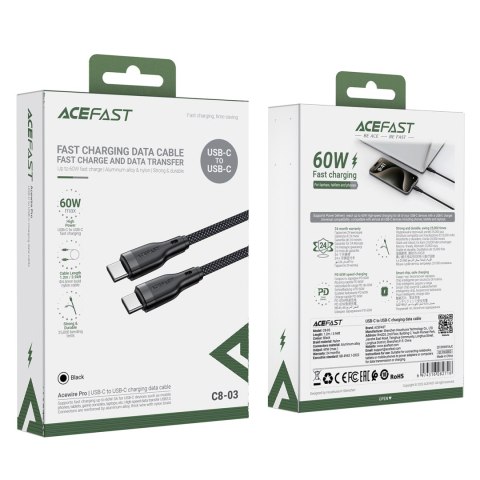 Kabel przewód elastyczny w oplocie USB-C - USB-C 60W 3A 1.2m - czarny