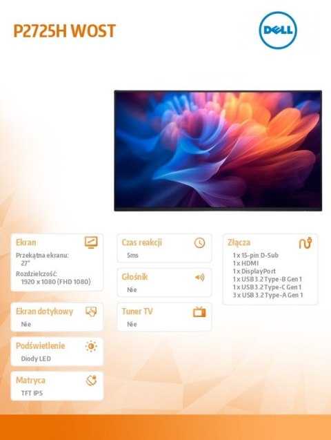 Monitor 27 cali P2725HWO IPS LED FullHD(1920x1080)/16:9/HDMI/DP/USB-C/ VGA/USB/Bez podstawy/3Y
