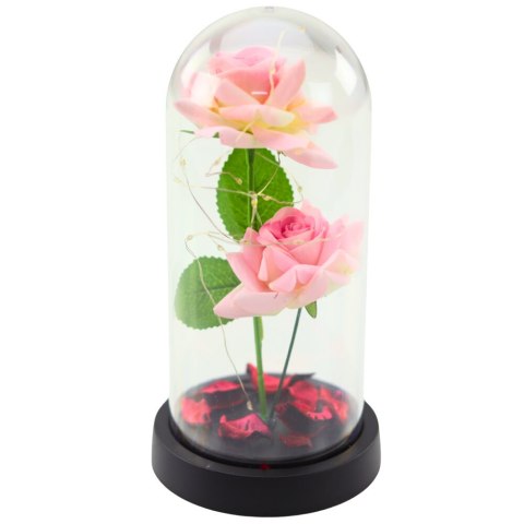 Wieczne Róże w Kopule z Oświetleniem LED i Płatkami Róż Różowe 21x11cm