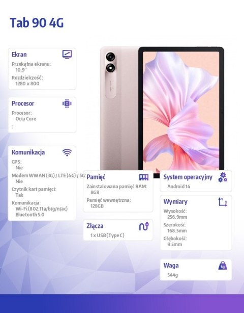 Tablet TAB 90 4G 10,92 cali 8/128GB Różowy