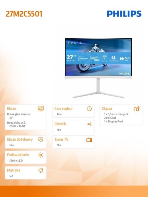Monitor 27 cali 27M2C5501 Curved VA 180Hz HDMIx2 DP HAS Ambiglow