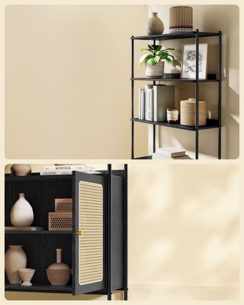 Czarny regał z rattanową szafką 6 półek