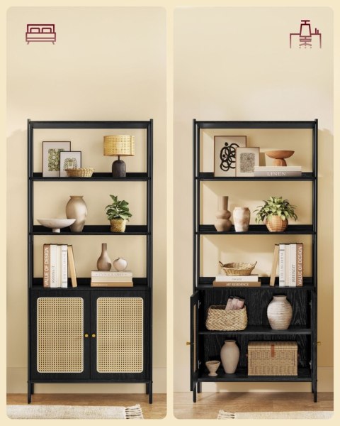 Czarny regał z rattanową szafką 6 półek