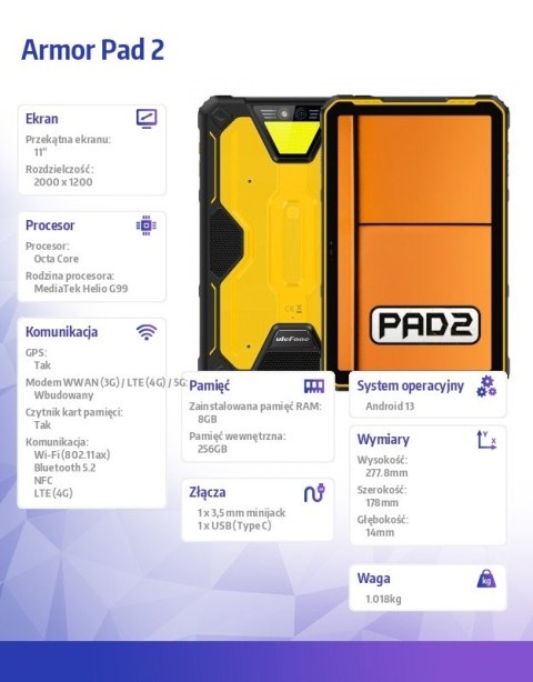 Tablet Armor Pad 2 4G 11" 8/256GB IP69K Czarno-żółty