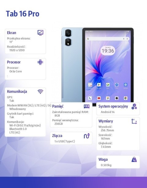 Tablet TAB 16 Pro LTE 11 cali 8/256GB 7700 mAh Niebieski