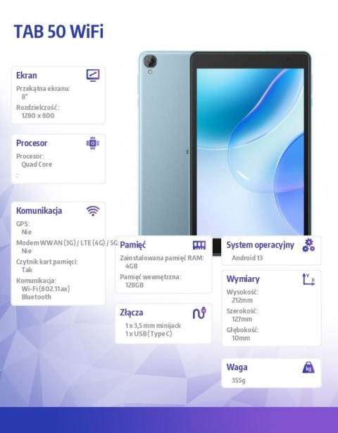 Tablet TAB 50 WiFi 8 cali 4/128GB 5580 mAh Niebieski