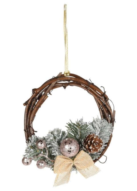 Wianek świąteczny rattanowy mały 15 cm Dekoracyjny stroik bożonarodzeniowy do zawieszenia, gałązki sosny pokryte śniegiem, bogat
