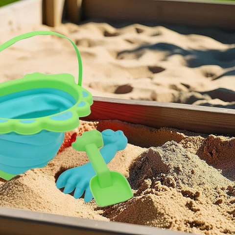 WIADERKO DO PIASKU SKŁADANE DINOZAUR Z ŁOPATKĄ I GRABKAMI ZIELONE