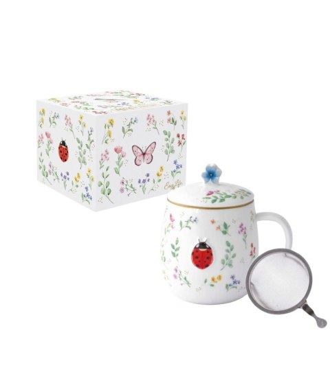 Magiczny Ogród Biedronka - Kubek Porcelanowy z Pokrywka i Zaparzaczem w Ozdobnym Pudełku 450 ml
