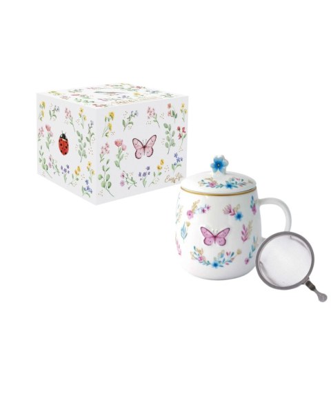 Magiczny Ogród Motyl - Kubek Porcelanowy z Pokrywka i Zaparzaczem w Ozdobnym Pudełku 450 ml