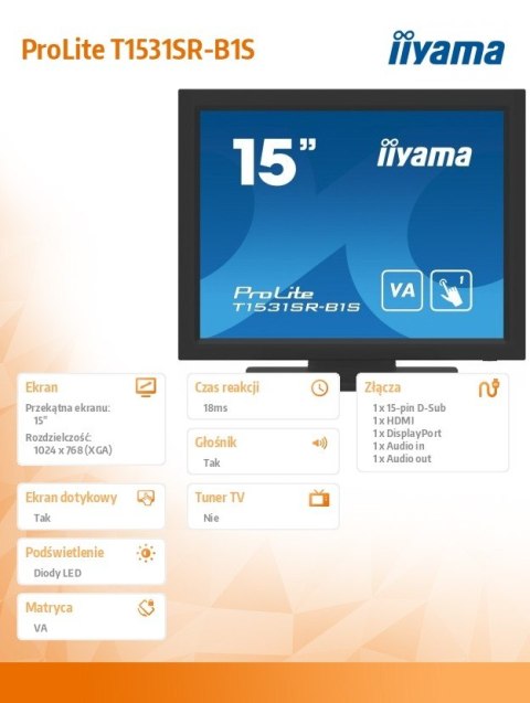 Monitor 15 cali T1531SR-B1S VA,RESISTIVE,HDMI,DP,VGA,IP54,2x1W