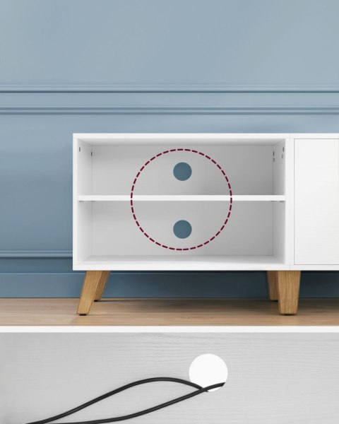 Biała szafka pod TV do 65 cali Skandynawska szafka pod telewizor wykonana z solidnej płyty MDF z 2 otwartymi półkami i szafką w 