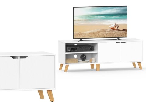 Biała szafka pod TV do 65 cali Skandynawska szafka pod telewizor wykonana z solidnej płyty MDF z 2 otwartymi półkami i szafką w 