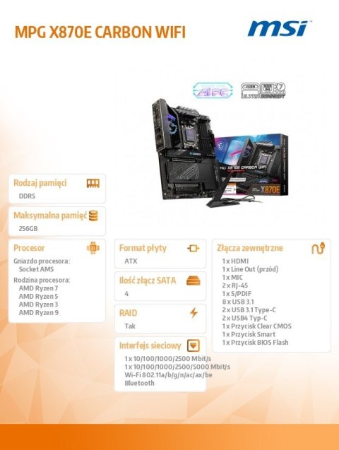 Płyta główna MPG X870E CARBON WIFI AM5 4DDR5 ATX