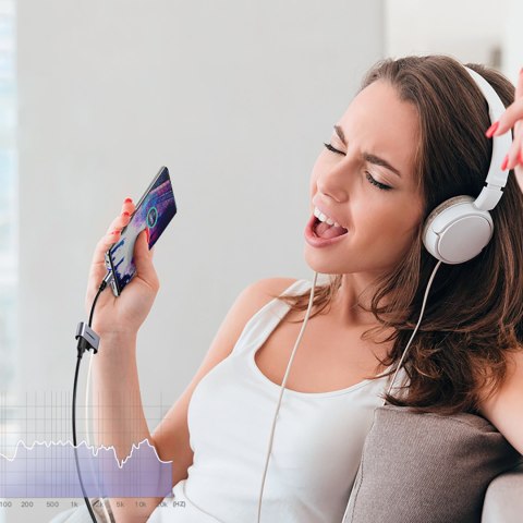 Adapter audio dwuportowy USB-C (męski) - mini jack 3.5mm / USB-C (żeński) - szary