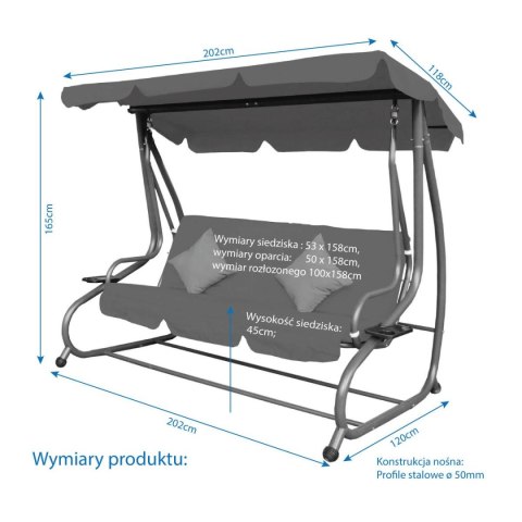 HUŚTAWKA OGRODOWA 3-OSOBOWA ROZŁADANE ŁÓŻKO KPL PODUSZEK KASIA SZARA