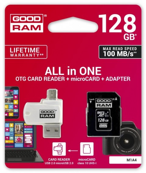 Karta pamięci microSDHC 128GB CL10 + adapter + czytnik