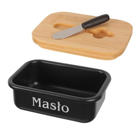 CHLEBAK METALOWY CZARNY Z DESKĄ DO KROJENIA + MASELNICZKA + NÓŻ BRUNBESTE BB-2777