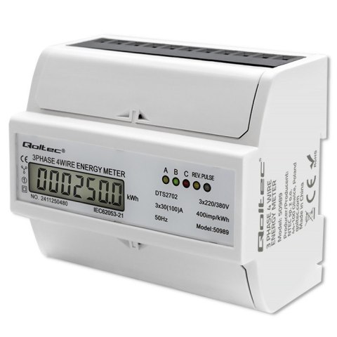 Trójfazowy dwukierunkowy elektroniczny licznik | miernik zużycia energii na szynę DIN | 400V | 100A | LCD | 4P