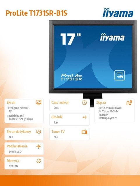Monitor 17 cali 1731SR-B1S TN,RESISTIVE,HDMI,DP,VGA,IP54,2x1W