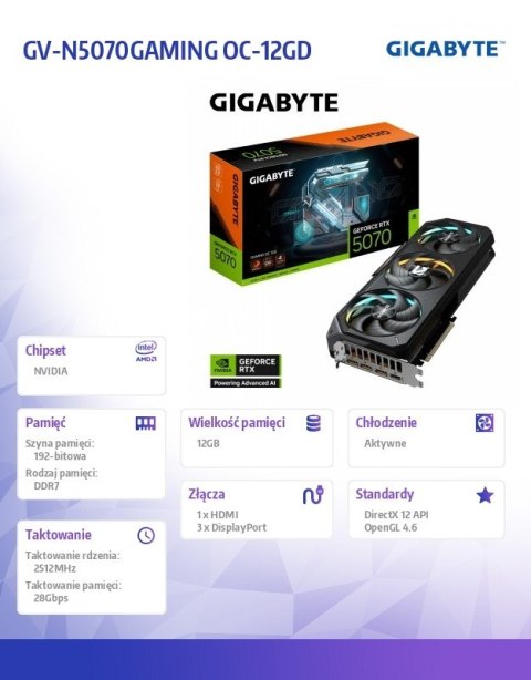 Karta graficzna GeForce RTX 5070 GAMING OC 12GB GDDR7 12GB 192bit HDMI/3DP