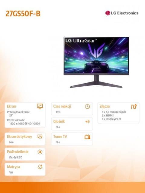 Monitor 27GS50F-B 27 cali FHD UltraGear 180Hz