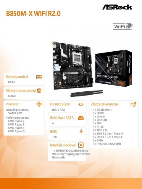 Płyta główna B850M-X WIFI R2.0 AM5 2DDR5 M.2 USBC mATX